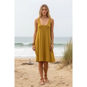 FP Free People Beach Mini Dress XS Mustard Yellow Ribbed Cotton Scoop Neck Boho